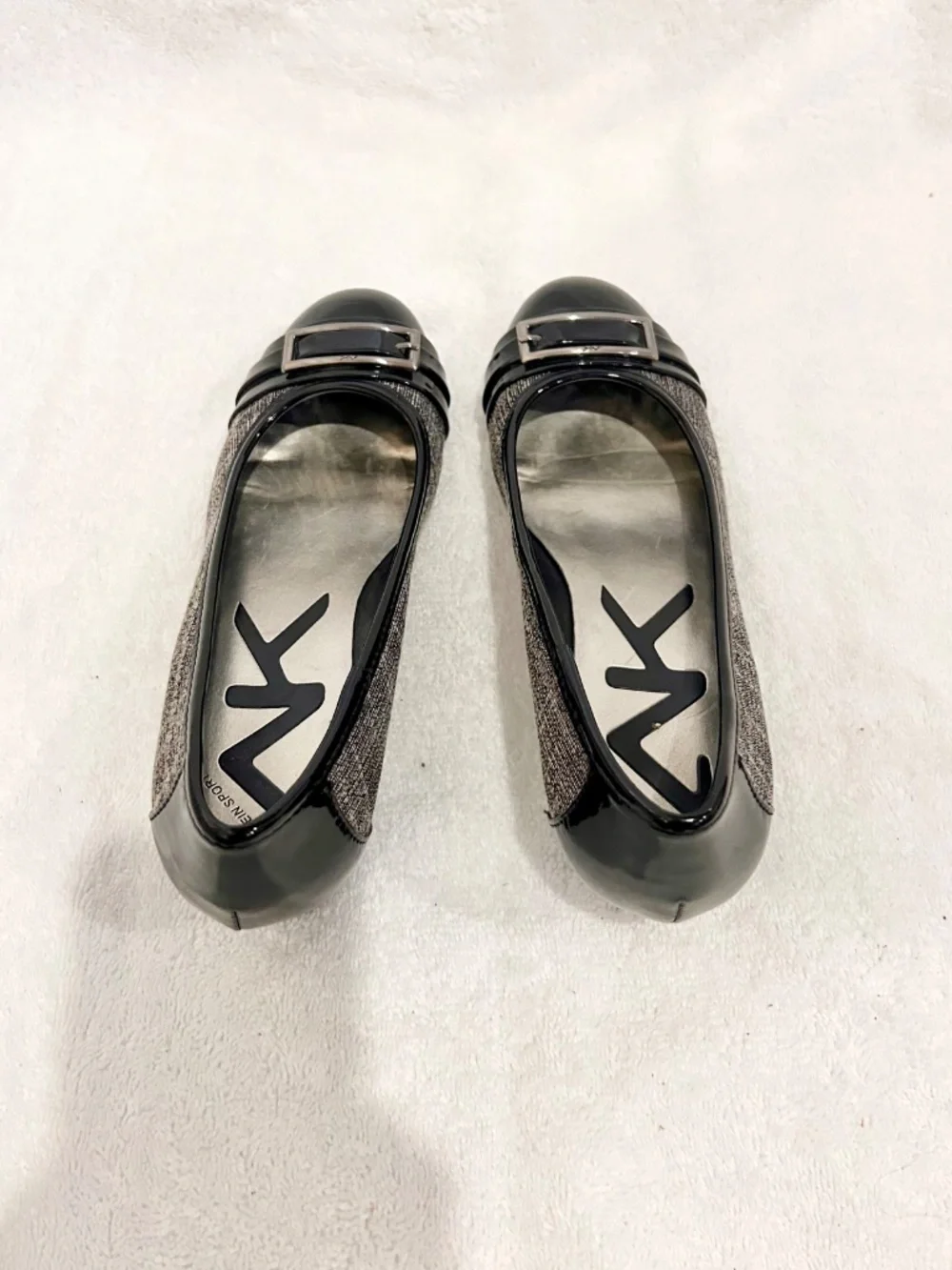 Anne Klein Flats wedge slip on with buckle bow black grey sz 7